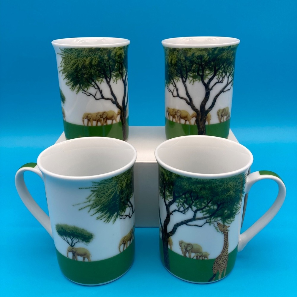 Set of 4 Stokes Porcelain Safari Coffee Mugs Tea Cups Elephants Giraffe